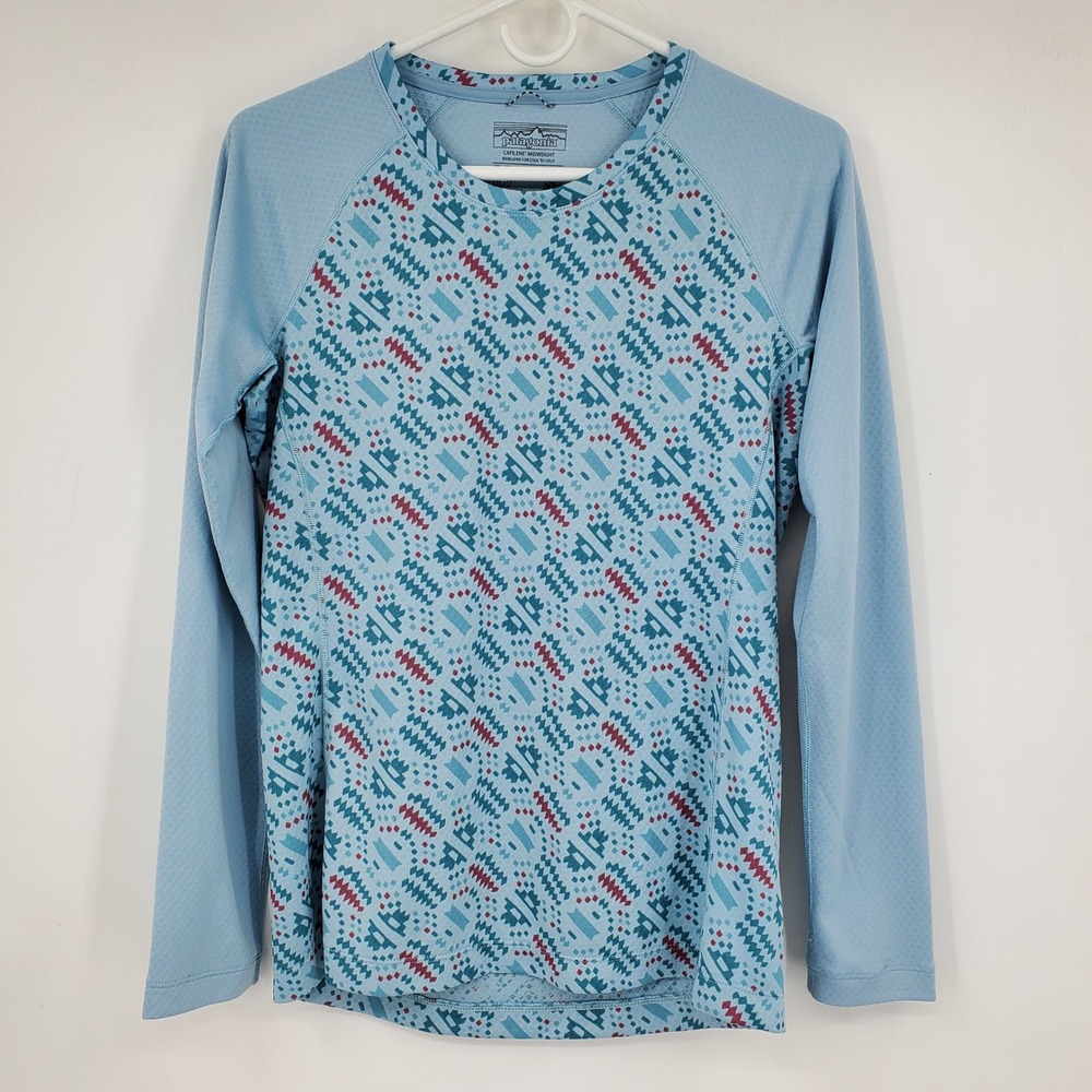 Patagonia Capilene Midweight Base Layer Blue Printed Long Sleeve Crewneck Shirt